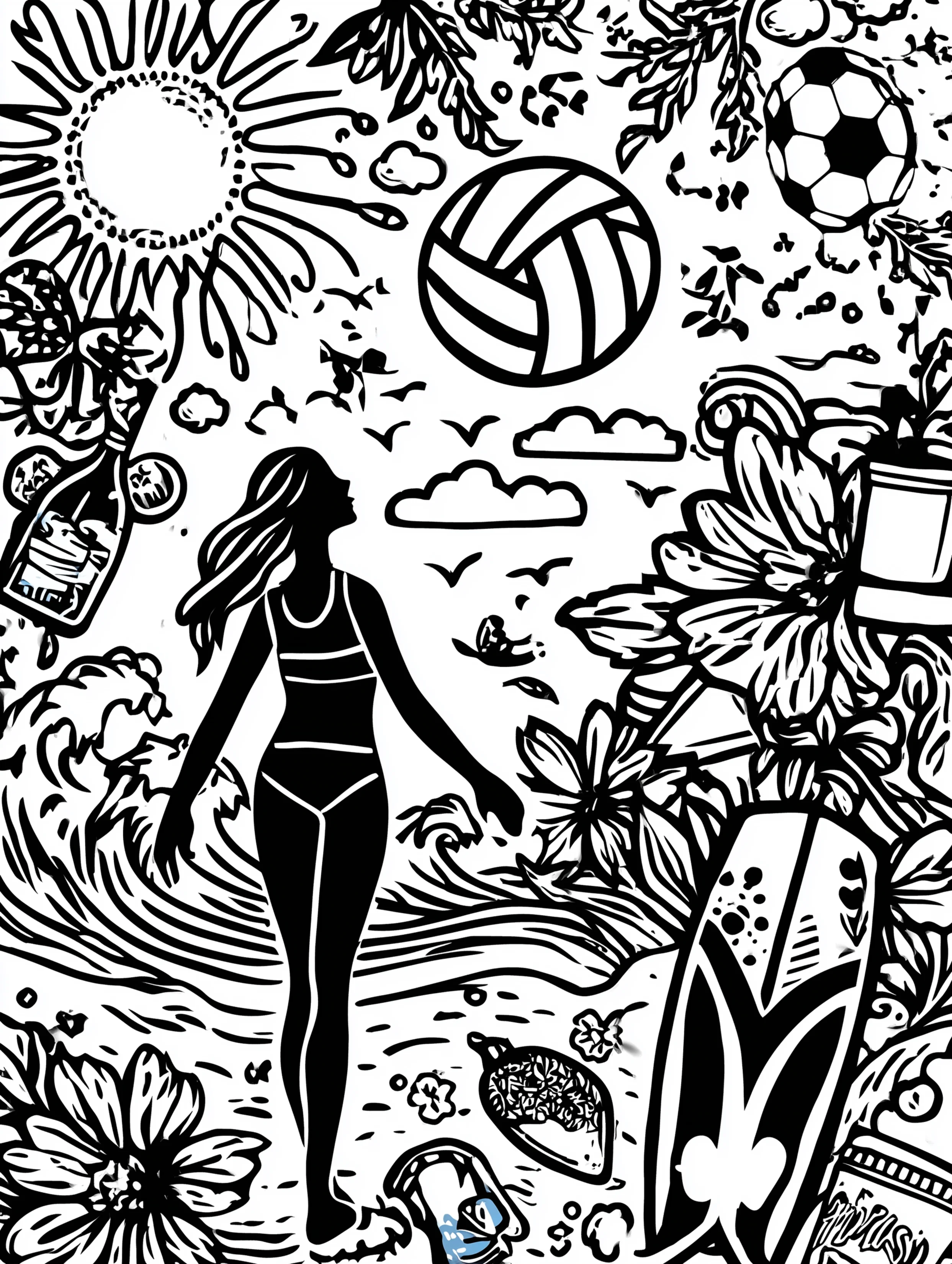 Free printable volleyball coloring page for adults featuring a surfer playing volleyball or soccer